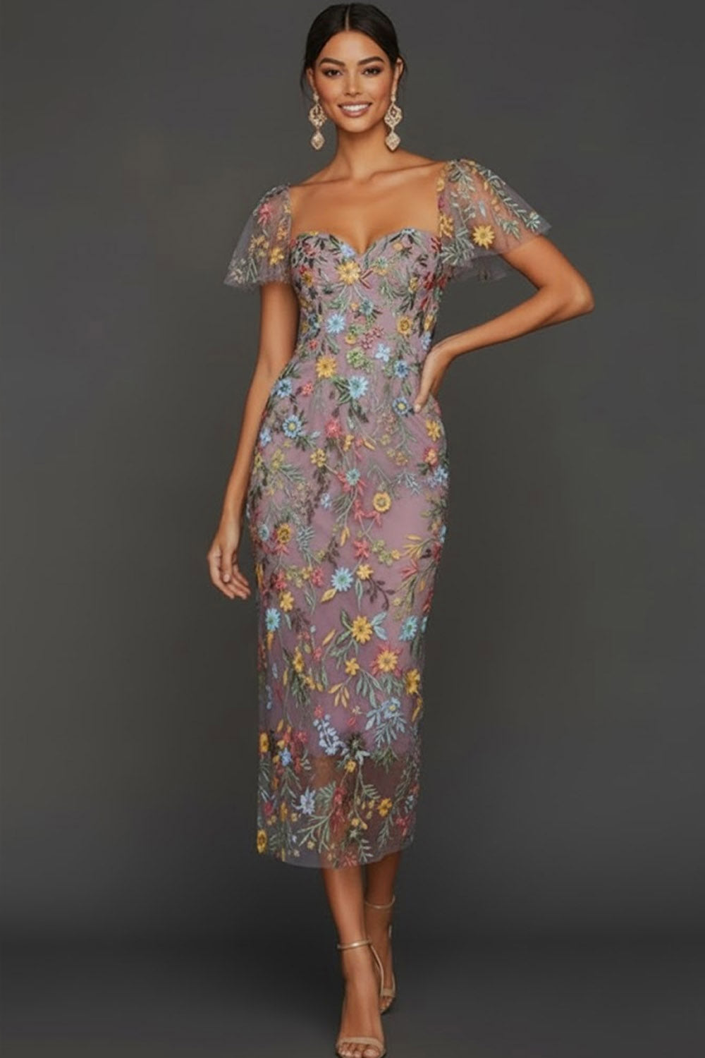 Floral Mauve Tulle Sheath Midi Wedding Guest Dress with Sleeves