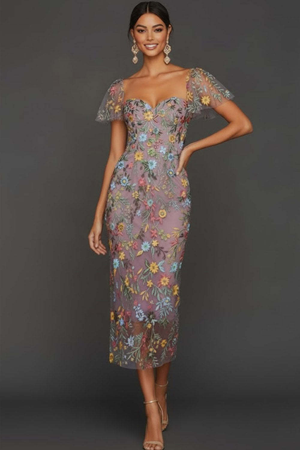 Floral Mauve Tulle Sheath Midi Wedding Guest Dress with Sleeves