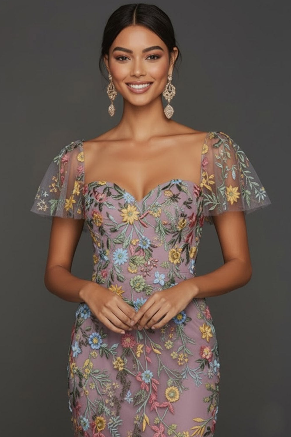 Floral Mauve Tulle Sheath Midi Wedding Guest Dress with Sleeves