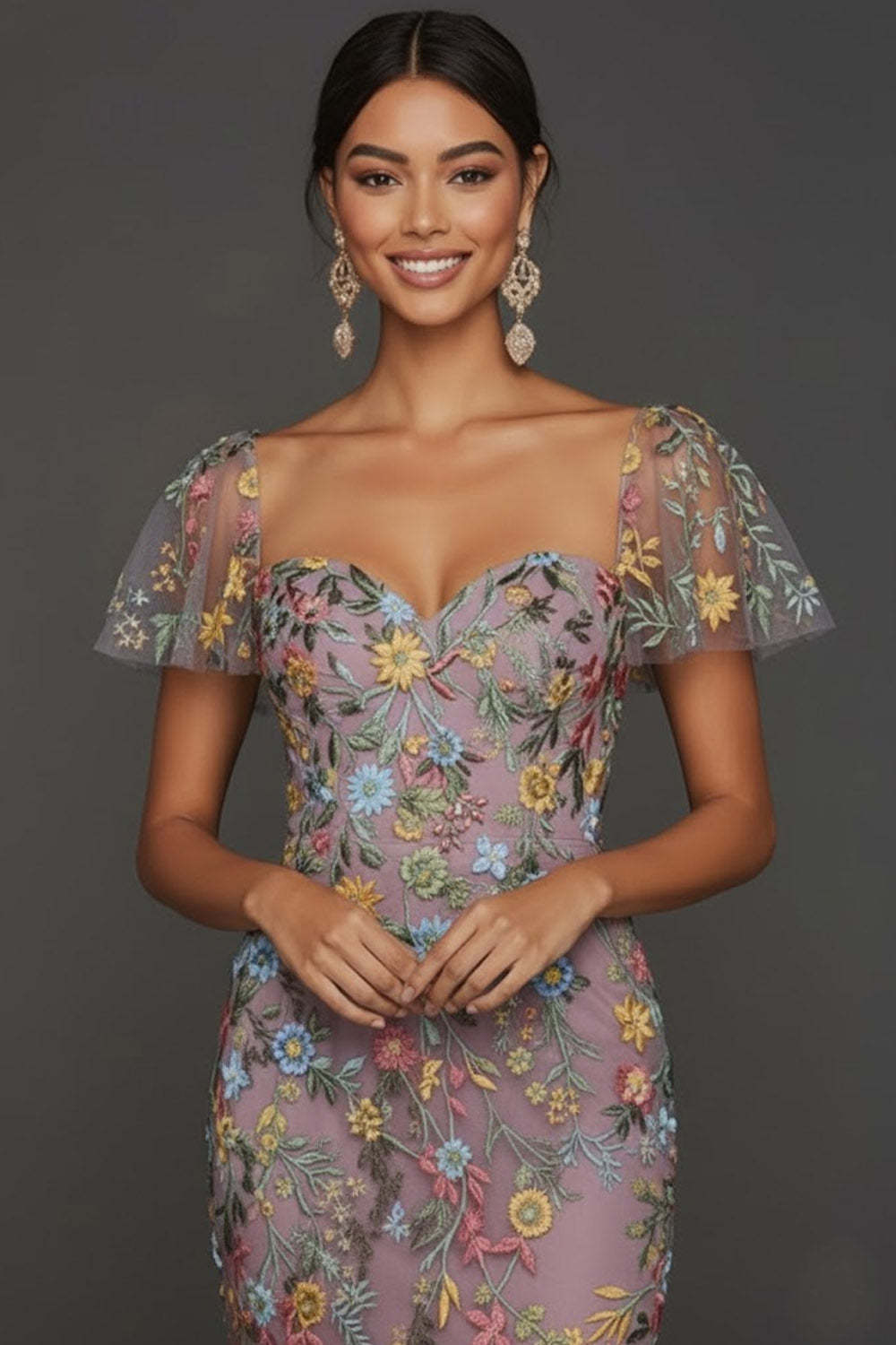 Floral Mauve Tulle Sheath Midi Wedding Guest Dress with Sleeves