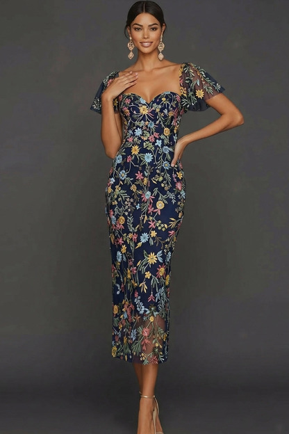 Floral Mauve Tulle Sheath Midi Wedding Guest Dress with Sleeves