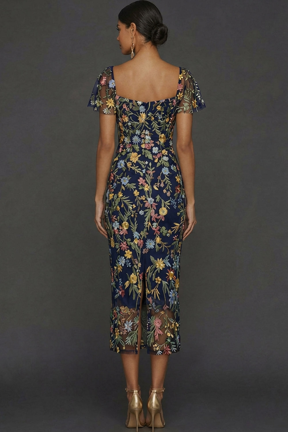 Floral Mauve Tulle Sheath Midi Wedding Guest Dress with Sleeves