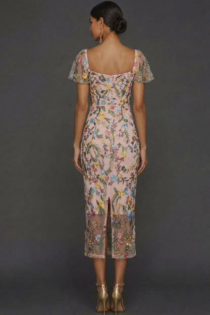 Floral Mauve Tulle Sheath Midi Wedding Guest Dress with Sleeves