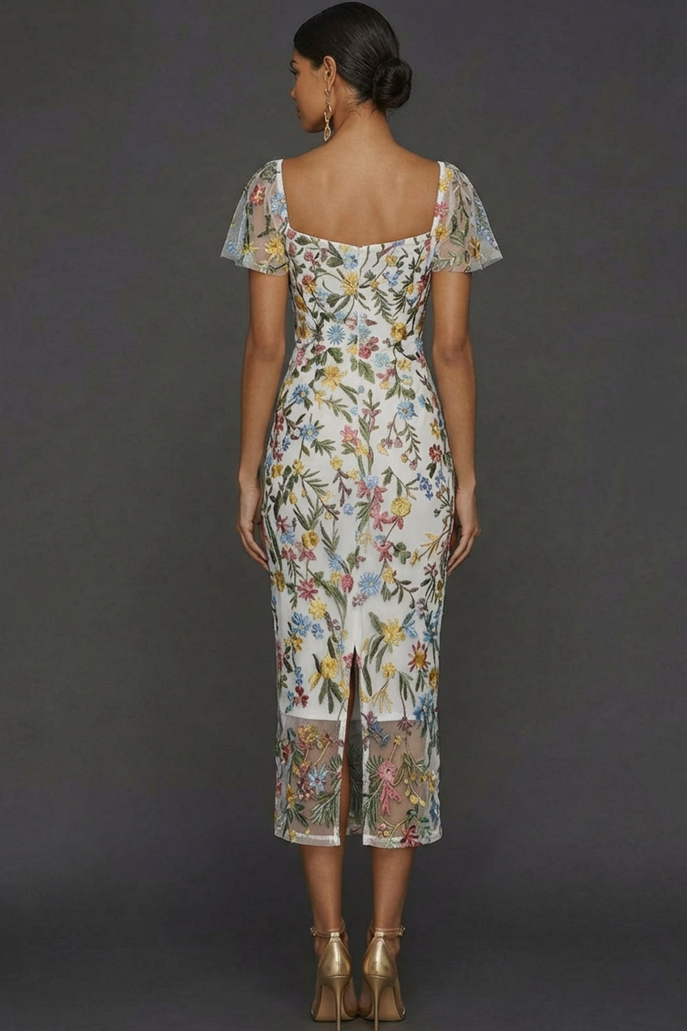 Floral Mauve Tulle Sheath Midi Wedding Guest Dress with Sleeves