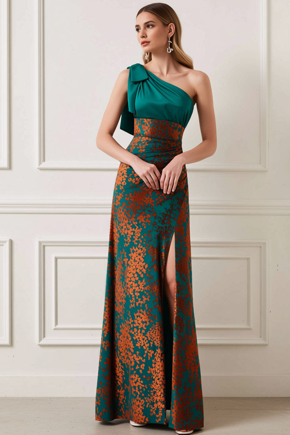 Leely Women Peacock Green Burnout Velvet Long Wedding Guest Dress with Slit One Shoulder A Line Formal Dress with Bow