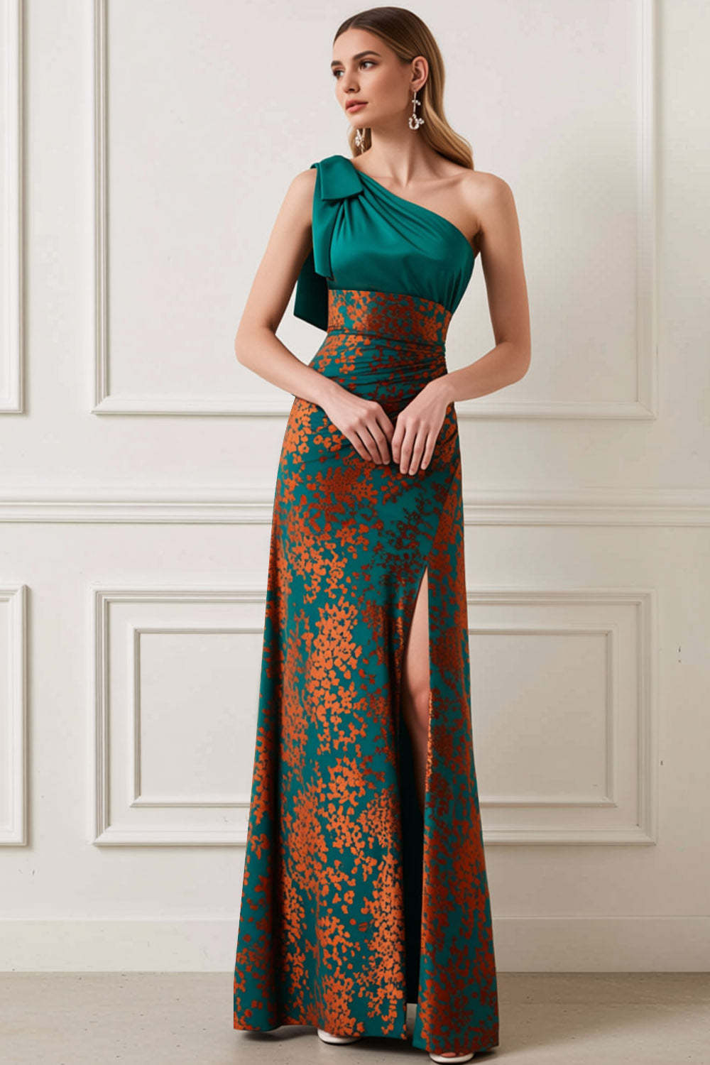 Leely Women Peacock Green Burnout Velvet Long Wedding Guest Dress with Slit One Shoulder A Line Formal Dress with Bow