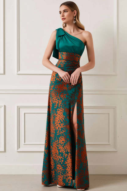 Leely Women Peacock Green Burnout Velvet Long Wedding Guest Dress with Slit One Shoulder A Line Formal Dress with Bow