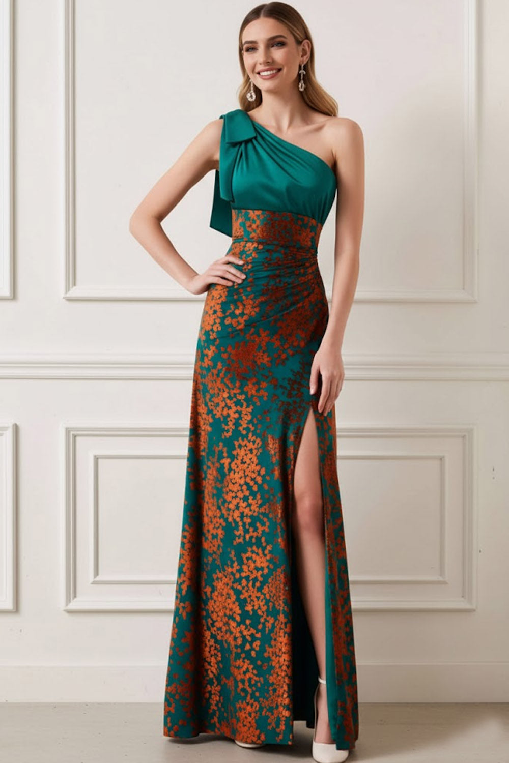 Peacock Green One Shoulder Long Wedding Guest Dress with Slit