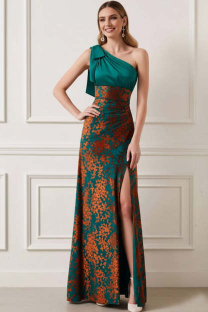 Peacock Green One Shoulder Long Wedding Guest Dress with Slit
