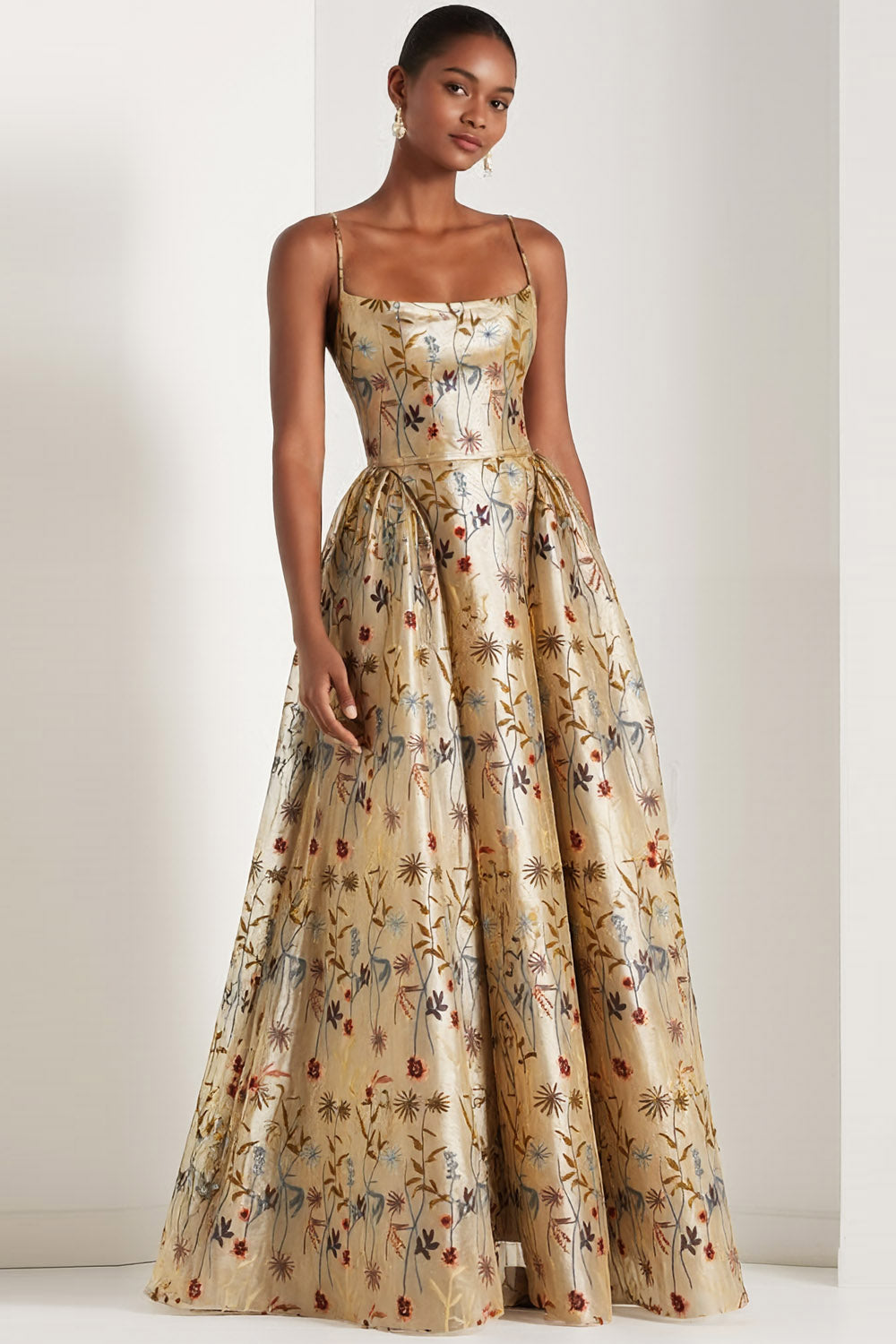 Floral Champagne Spaghetti Straps Long Wedding Guest Dress