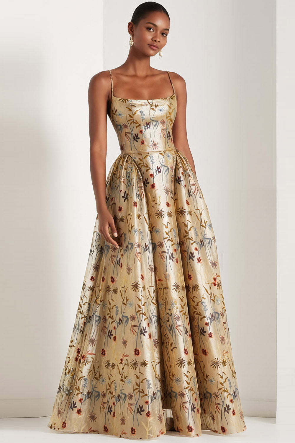 Leely Women Floral Champagne Long Wedding Guest Dress Spaghetti Straps A Line Formal Dress