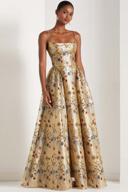 Leely Women Floral Champagne Long Wedding Guest Dress Spaghetti Straps A Line Formal Dress