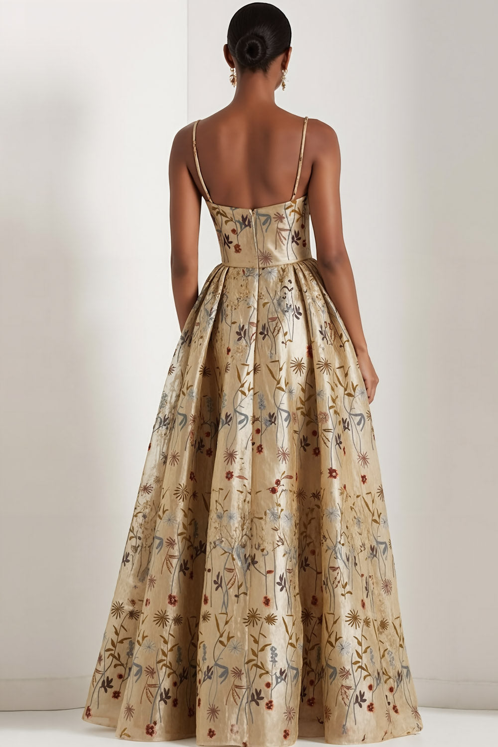 Floral Champagne Spaghetti Straps Long Wedding Guest Dress