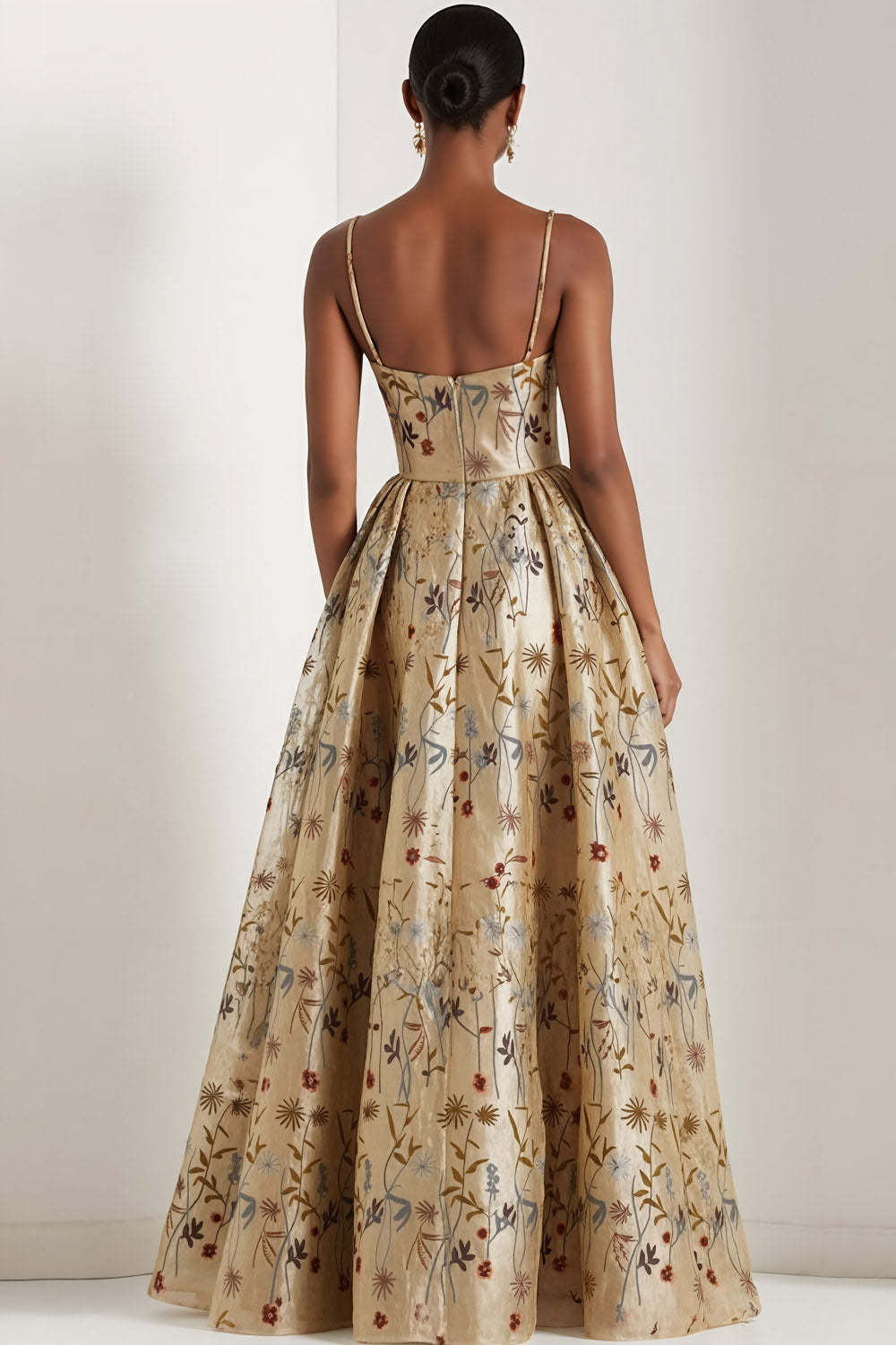 Floral Champagne Spaghetti Straps Long Wedding Guest Dress