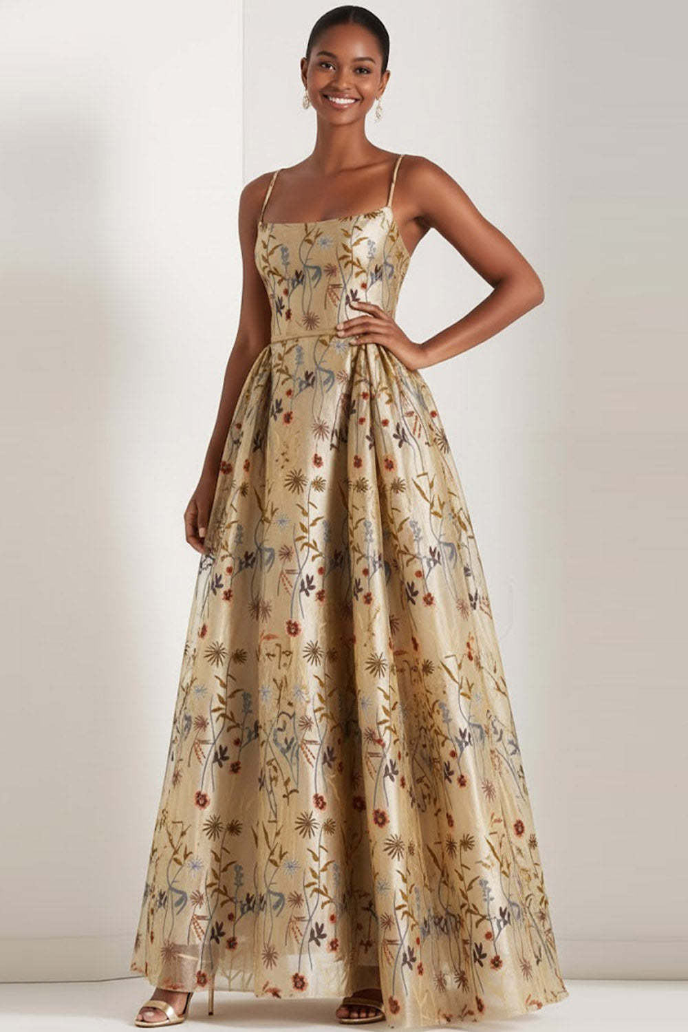 Floral Champagne Spaghetti Straps Long Wedding Guest Dress