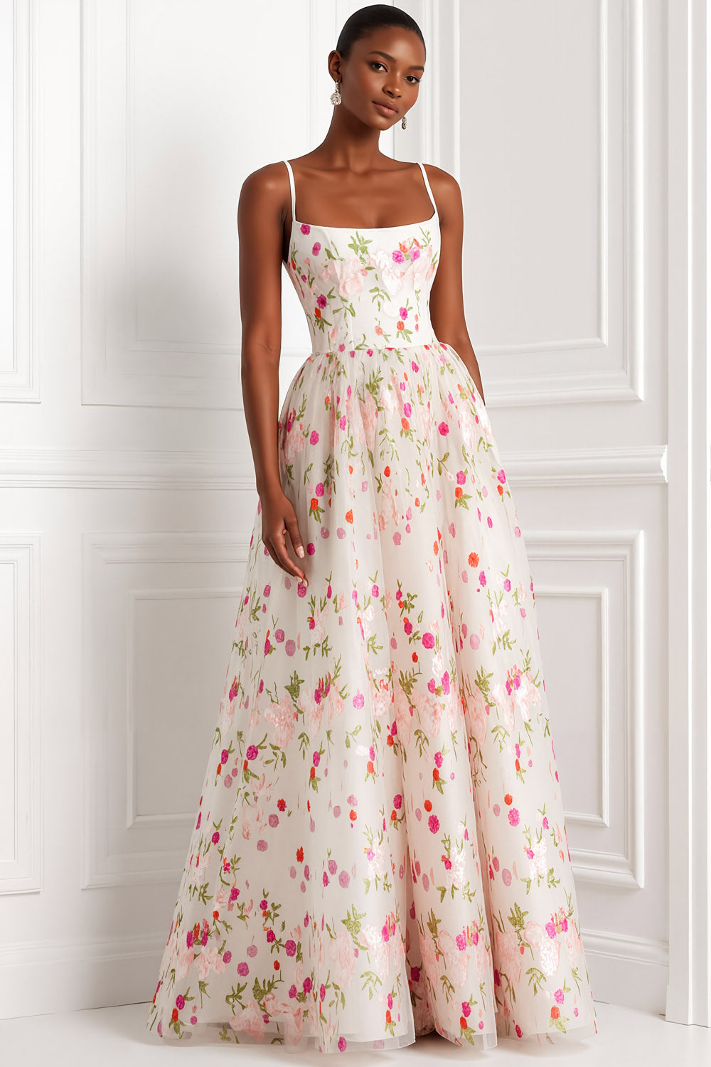 Floral Light Pink Spaghetti Straps A Line Long Weding Guest Dress