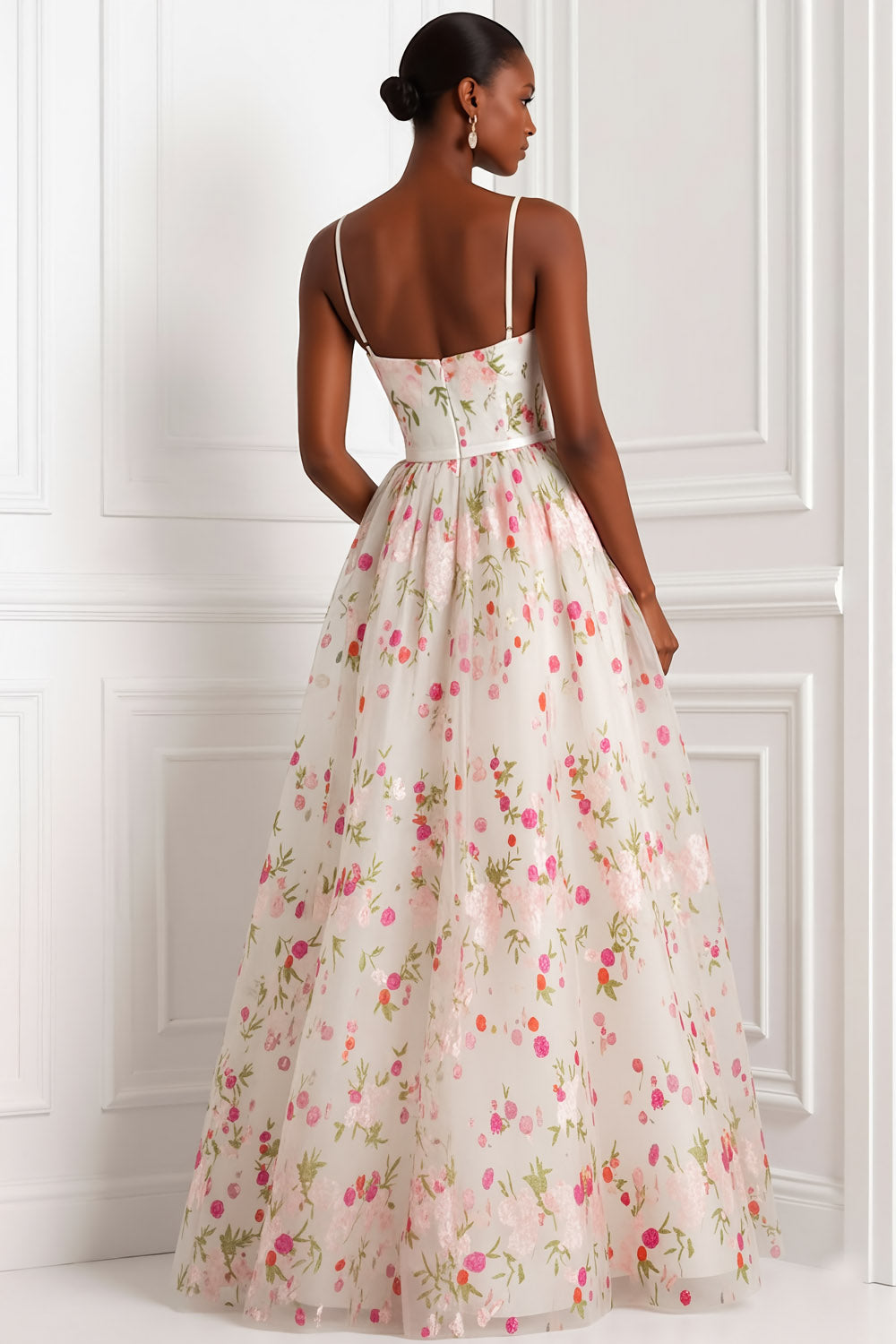 Floral Light Pink Spaghetti Straps A Line Long Weding Guest Dress