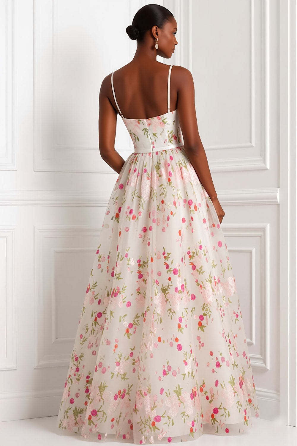 Floral Light Pink Spaghetti Straps A Line Long Weding Guest Dress