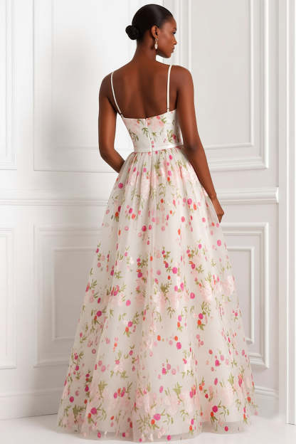 Floral Light Pink Spaghetti Straps A Line Long Weding Guest Dress