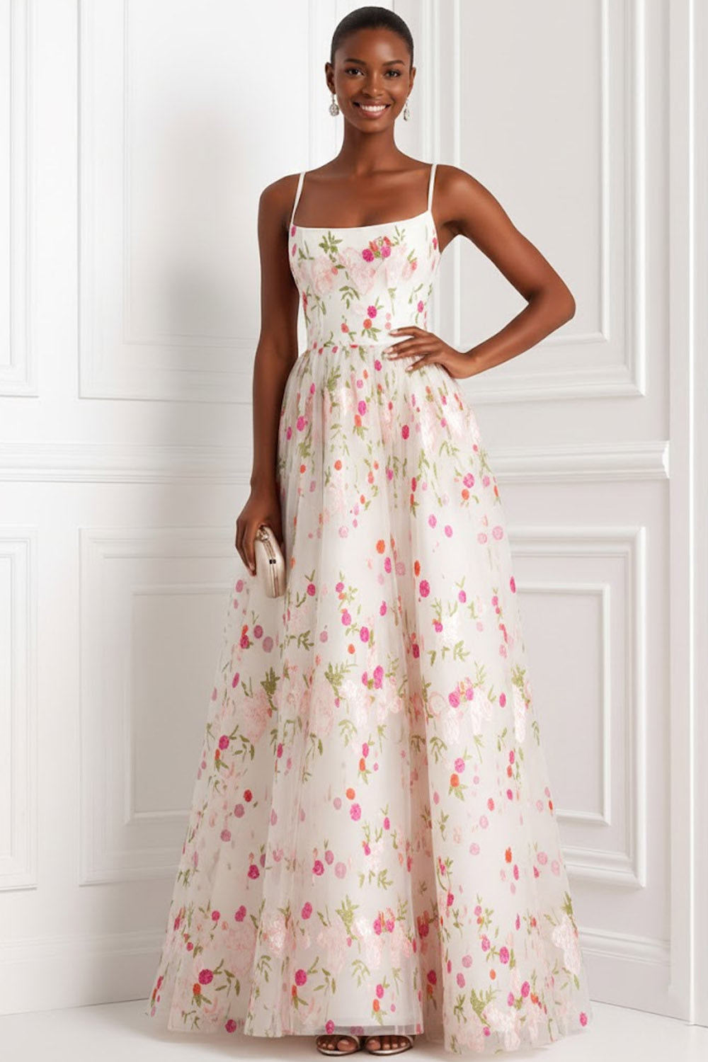 Floral Light Pink Spaghetti Straps A Line Long Weding Guest Dress
