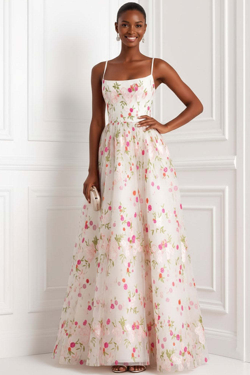 Floral Light Pink Spaghetti Straps A Line Long Weding Guest Dress