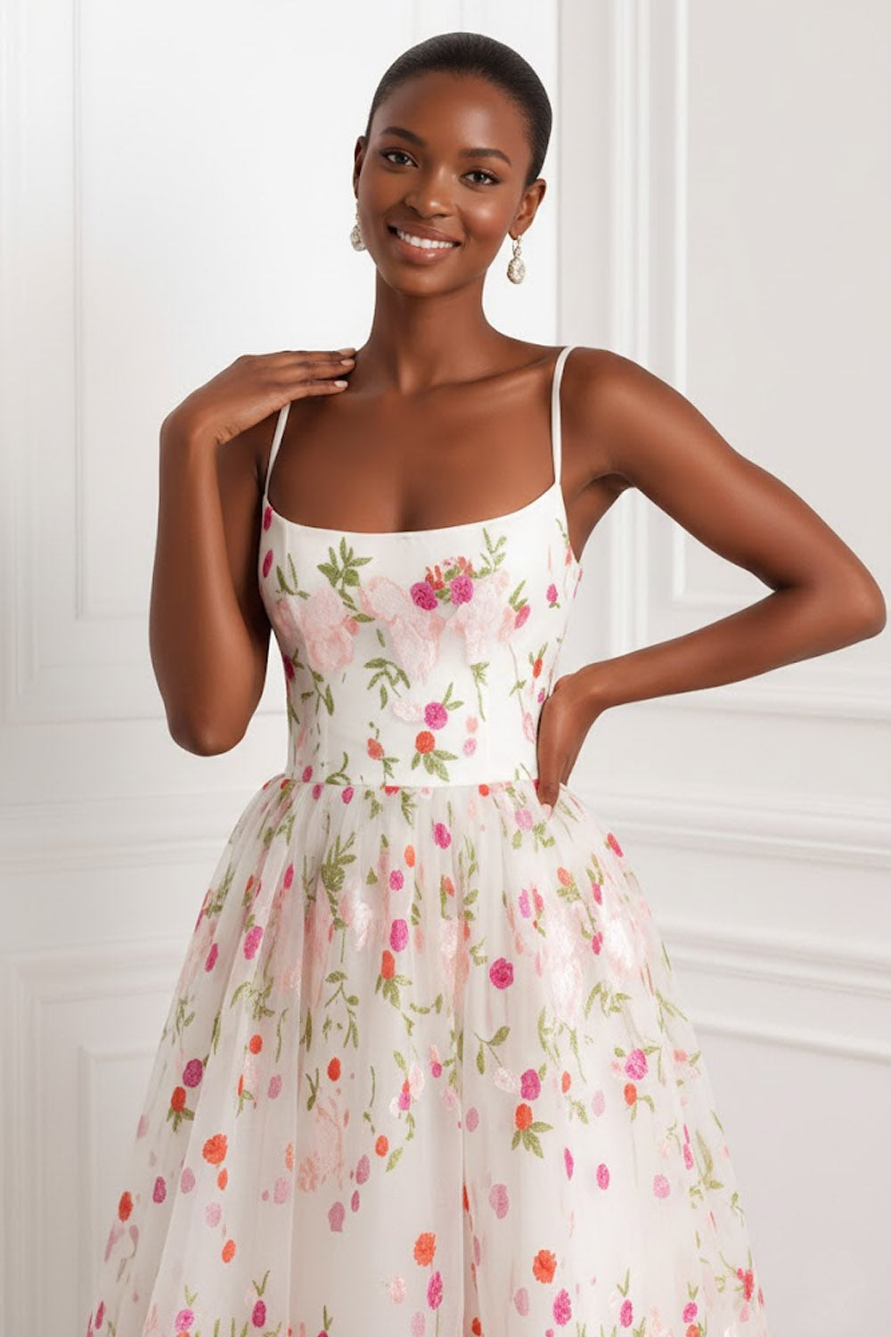 Floral Light Pink Spaghetti Straps A Line Long Weding Guest Dress