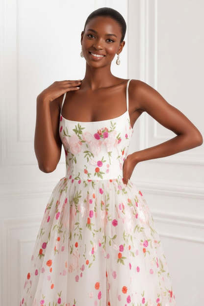 Floral Light Pink Spaghetti Straps A Line Long Weding Guest Dress