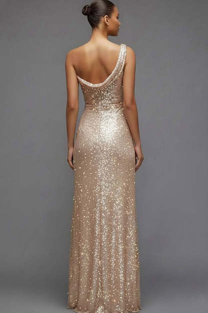 Sparkly Champagne Sequin One Shoulder Ruched Long Prom Dress with Slit