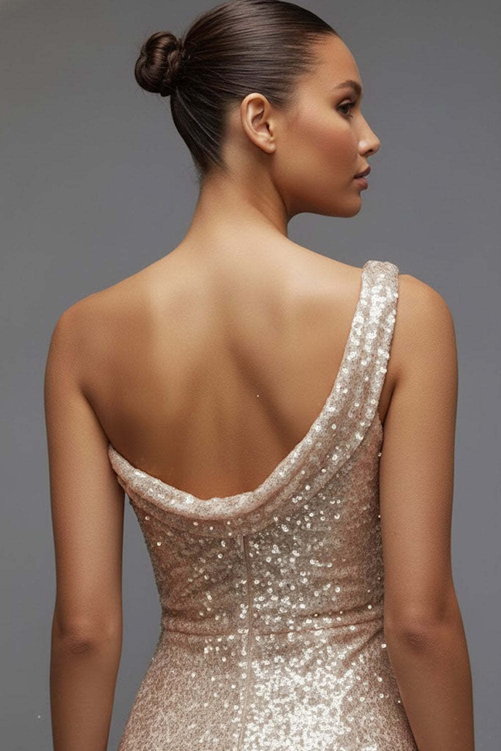 Sparkly Champagne Sequin One Shoulder Ruched Long Prom Dress with Slit