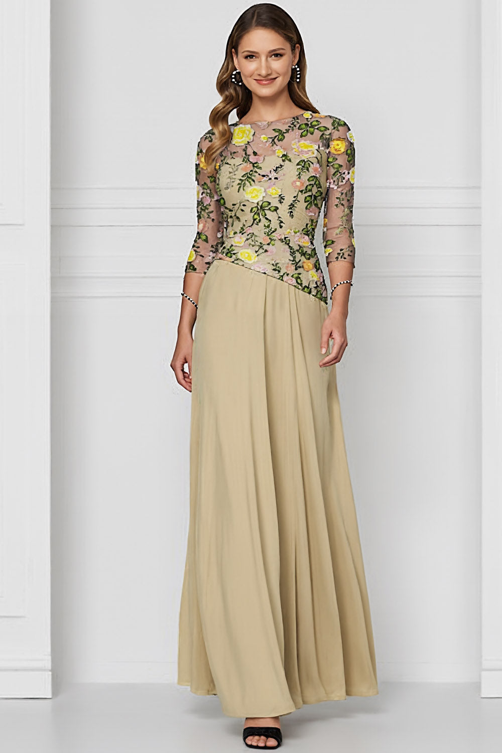 Leely Women Floral Dark Yellow Long Mother of the Bride Dress Bateau Neck 3/4 Sleeves Wedding Guest Dress