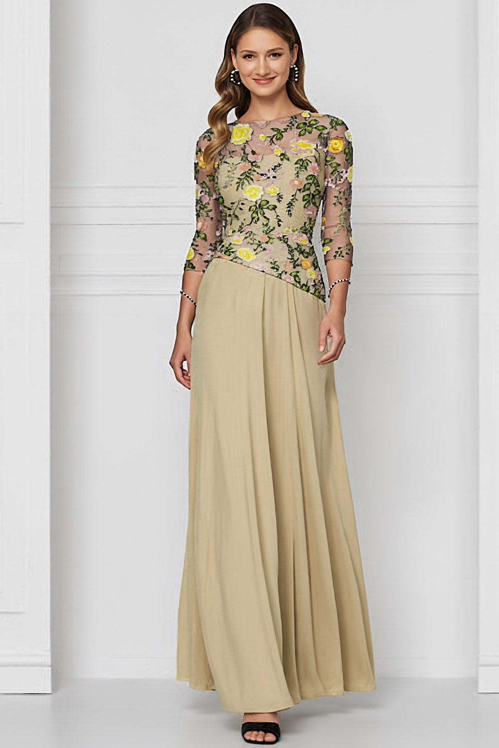 Leely Women Floral Dark Yellow Long Mother of the Bride Dress Bateau Neck 3/4 Sleeves Wedding Guest Dress