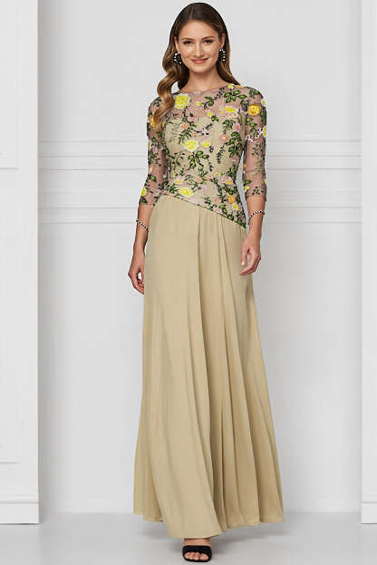Leely Women Floral Dark Yellow Long Mother of the Bride Dress Bateau Neck 3/4 Sleeves Wedding Guest Dress