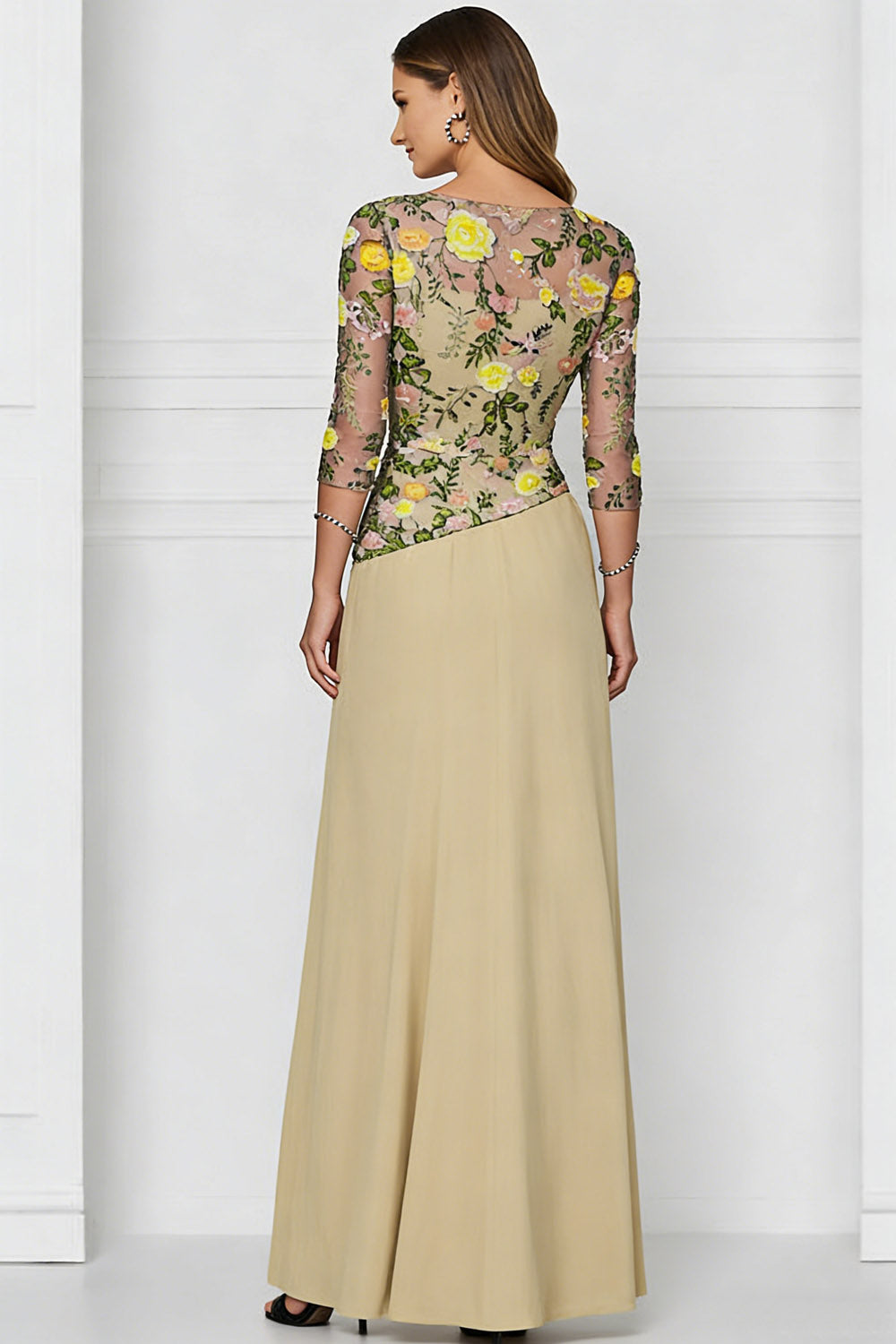 Floral Dark Yellow Bateau Neck Long Mother of the Bride Dress