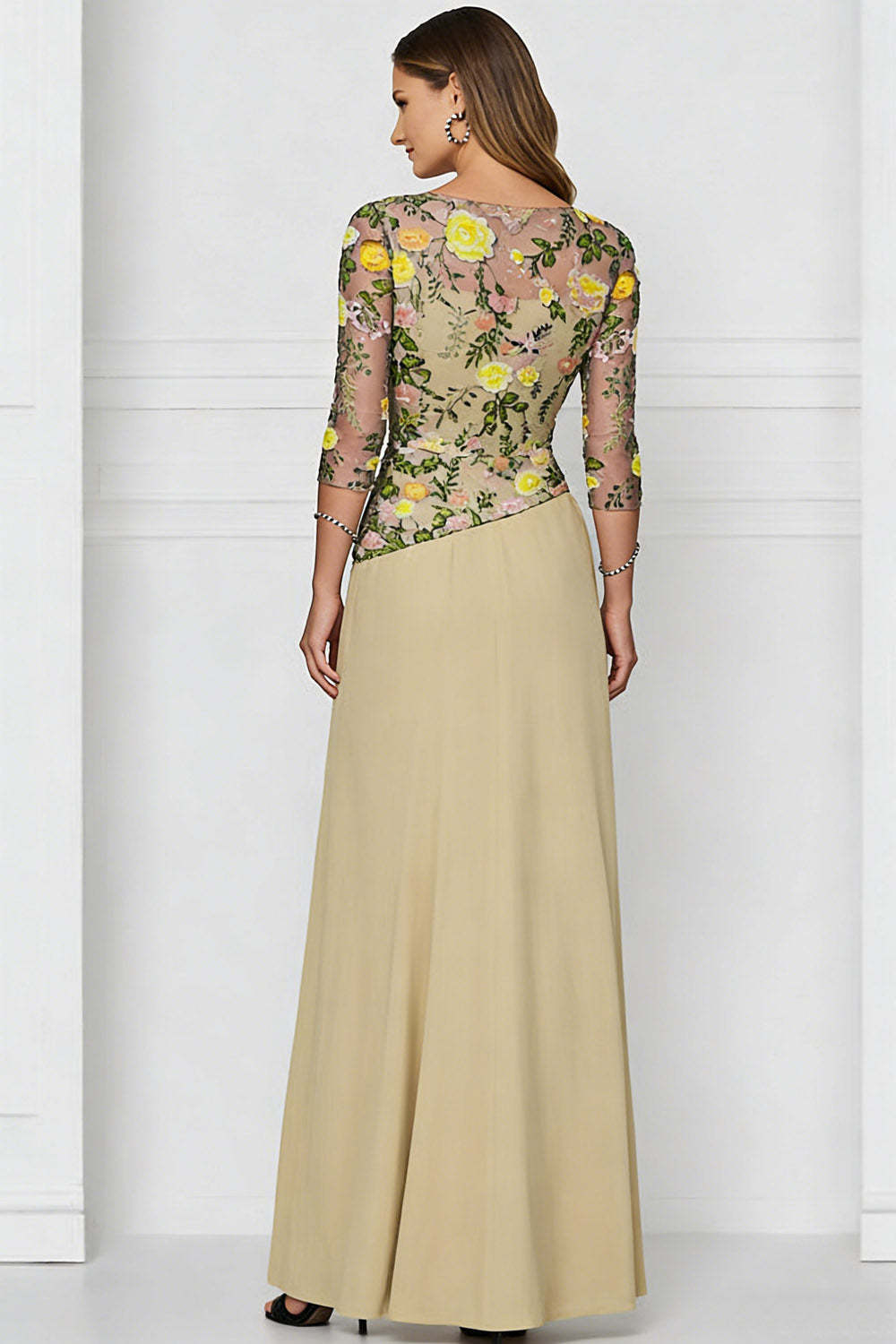 Floral Dark Yellow Bateau Neck Long Mother of the Bride Dress