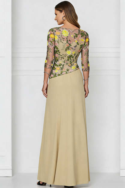 Floral Dark Yellow Bateau Neck Long Mother of the Bride Dress