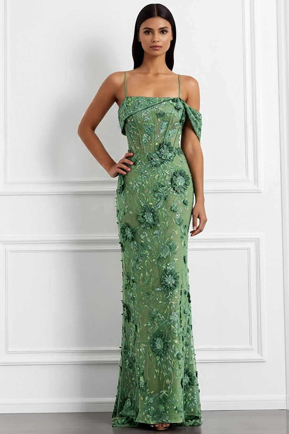 Floral Green Spaghetti Straps Long Corset Prom Dress with Embroidery