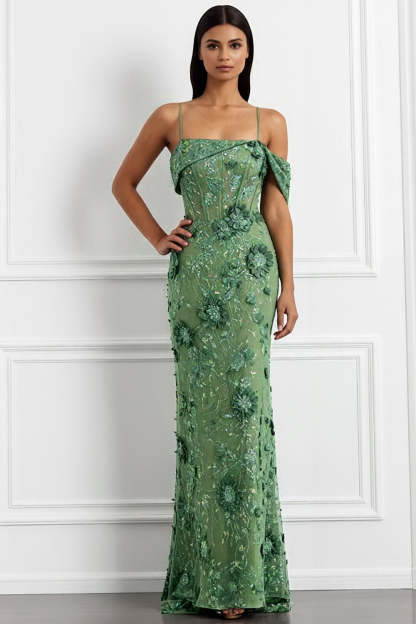 Leely Women Floral Green Long Corset Prom Dress Spaghetti Straps Mermaid Gala Dress with Embroidery