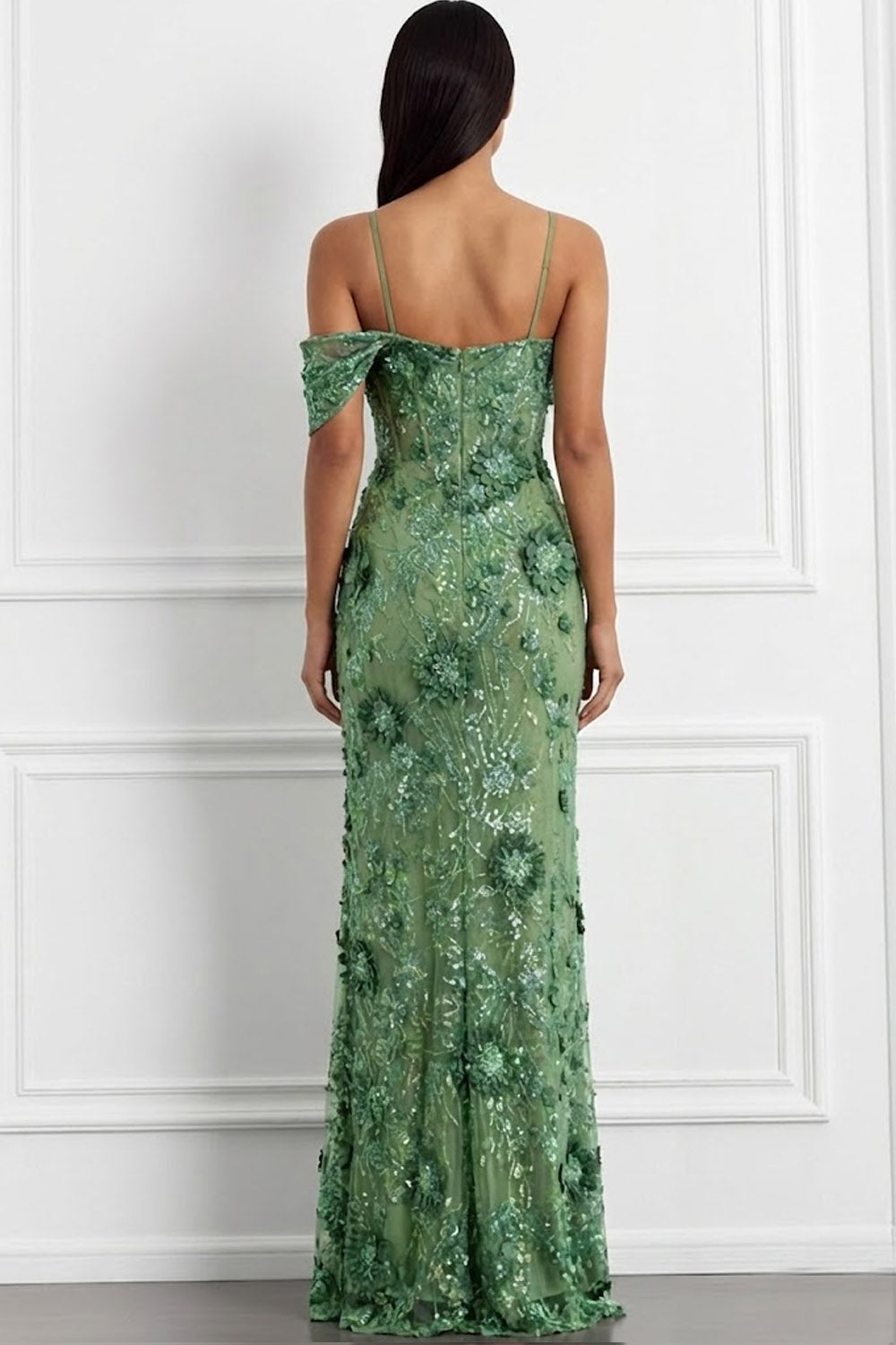Floral Green Spaghetti Straps Long Corset Prom Dress with Embroidery