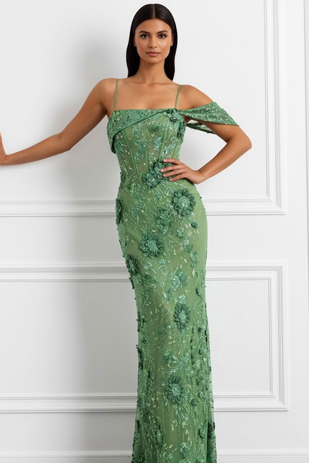 Floral Green Spaghetti Straps Long Corset Prom Dress with Embroidery