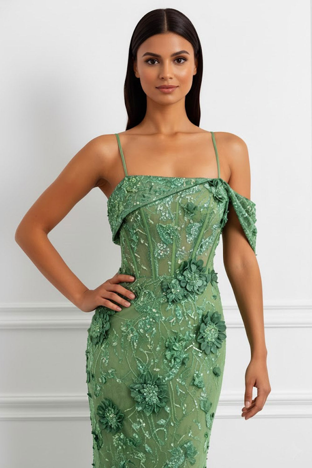 Floral Green Spaghetti Straps Long Corset Prom Dress with Embroidery