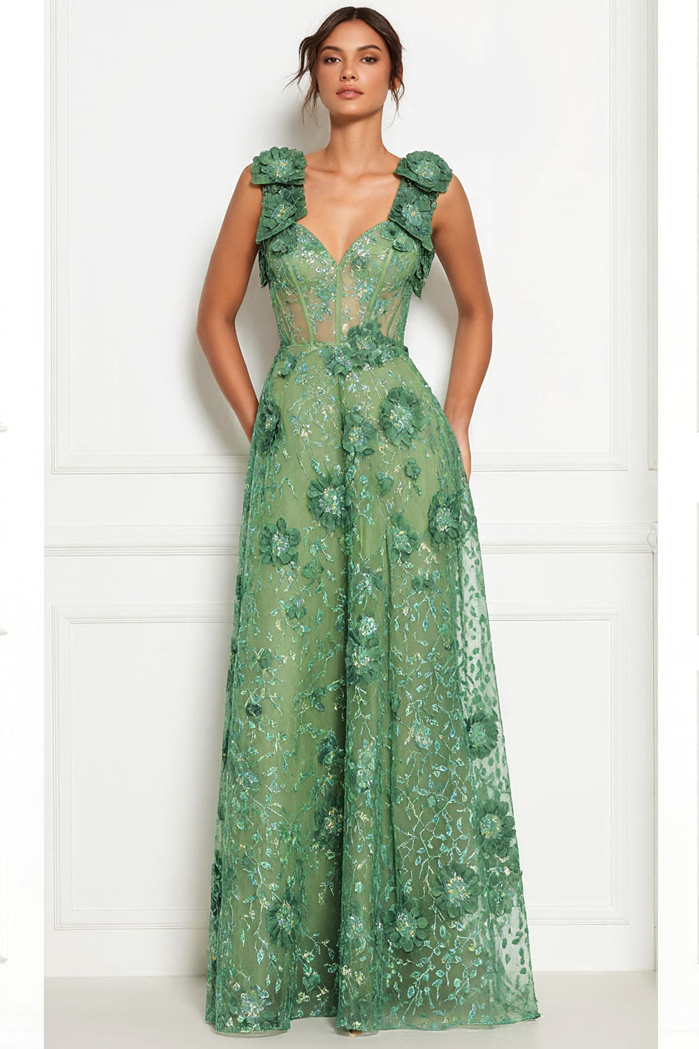 Leely Women Floral Maxi Corset Prom Dress with 3D Flower Thick Straps A Line Gala Dress with Bows