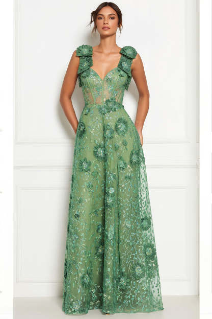 Leely Women Floral Maxi Corset Prom Dress with 3D Flower Thick Straps A Line Gala Dress with Bows