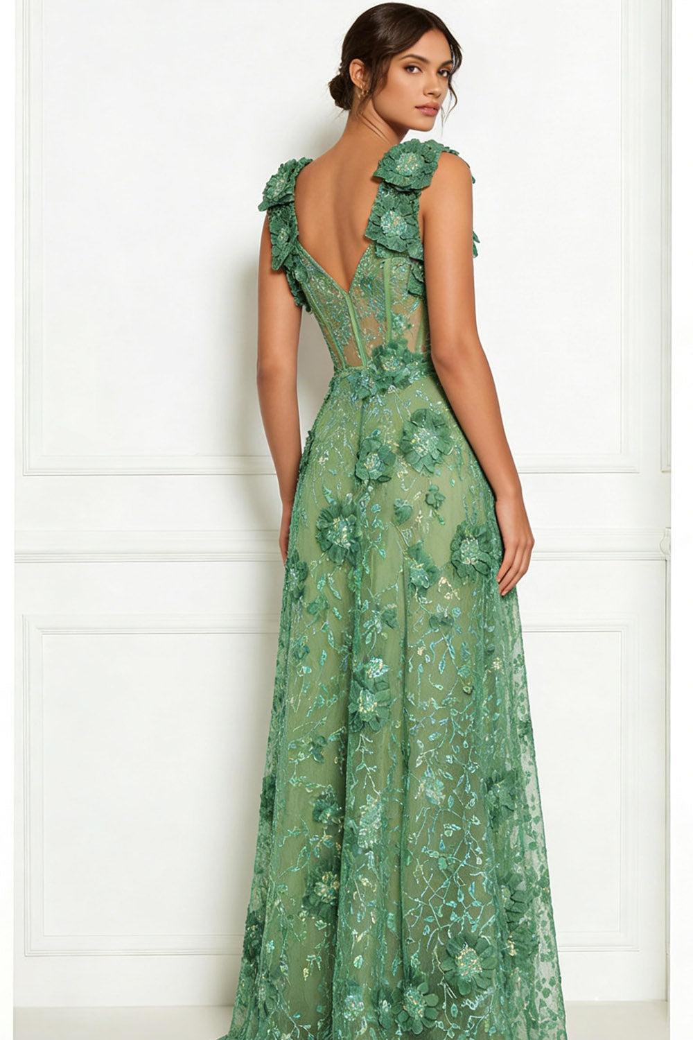 Floral Thick Straps A Line Maxi Corset Prom Dress with 3D Flower