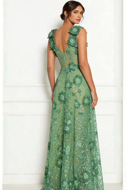 Floral Thick Straps A Line Maxi Corset Prom Dress with 3D Flower