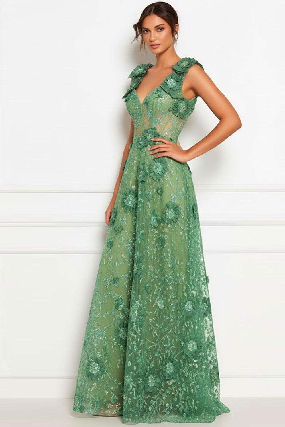 Floral Thick Straps A Line Maxi Corset Prom Dress with 3D Flower