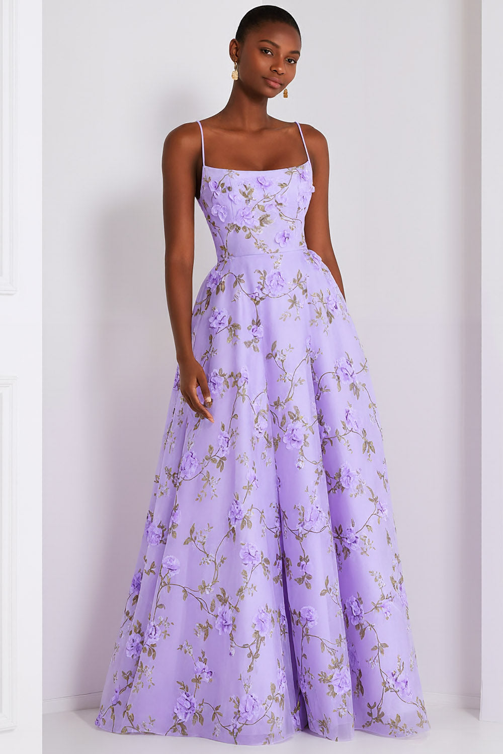 Leely Women Floral Lilac Maxi Prom Dress Spaghetti Straps A Line Gala Dress