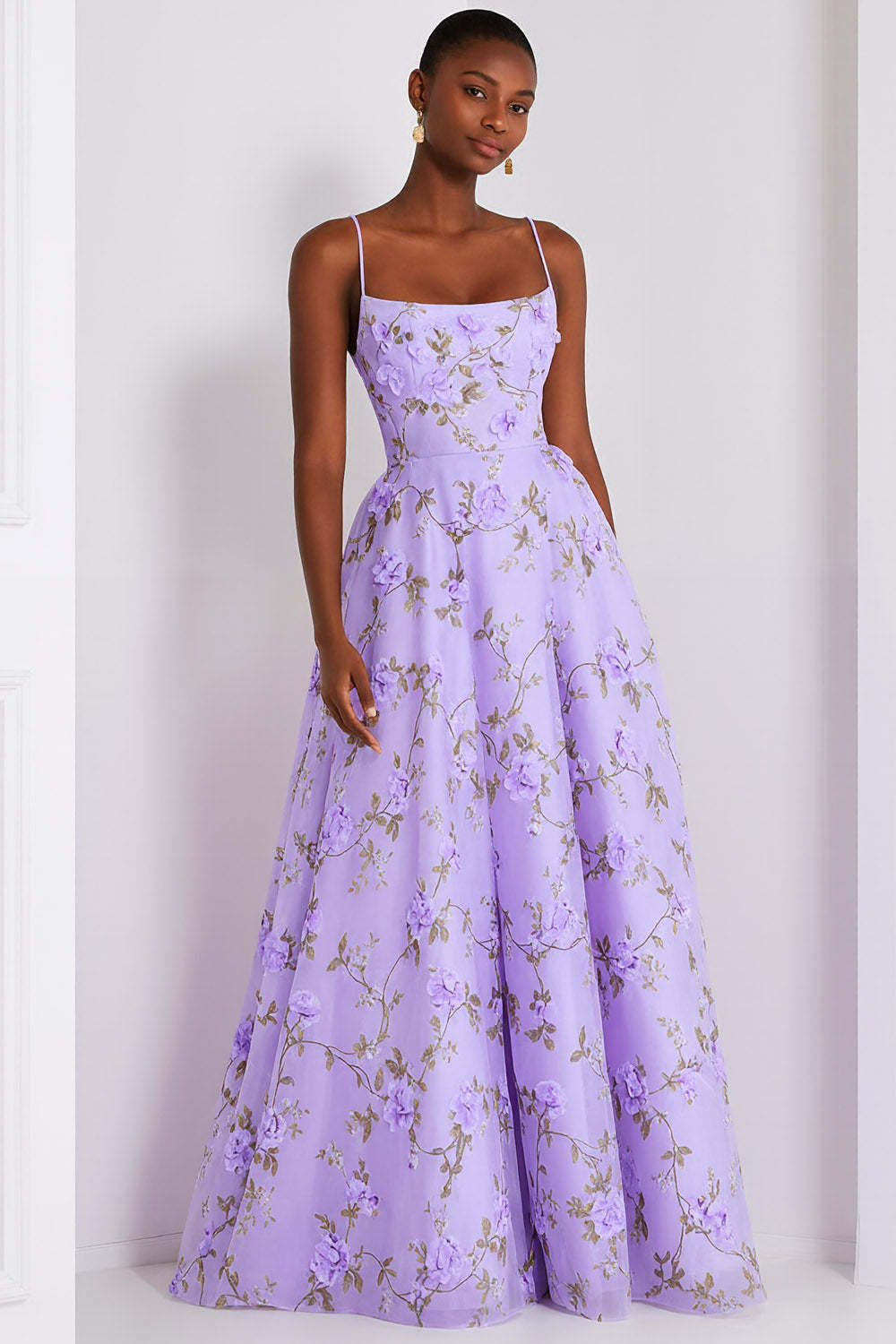 Leely Women Floral Lilac Maxi Prom Dress Spaghetti Straps A Line Gala Dress