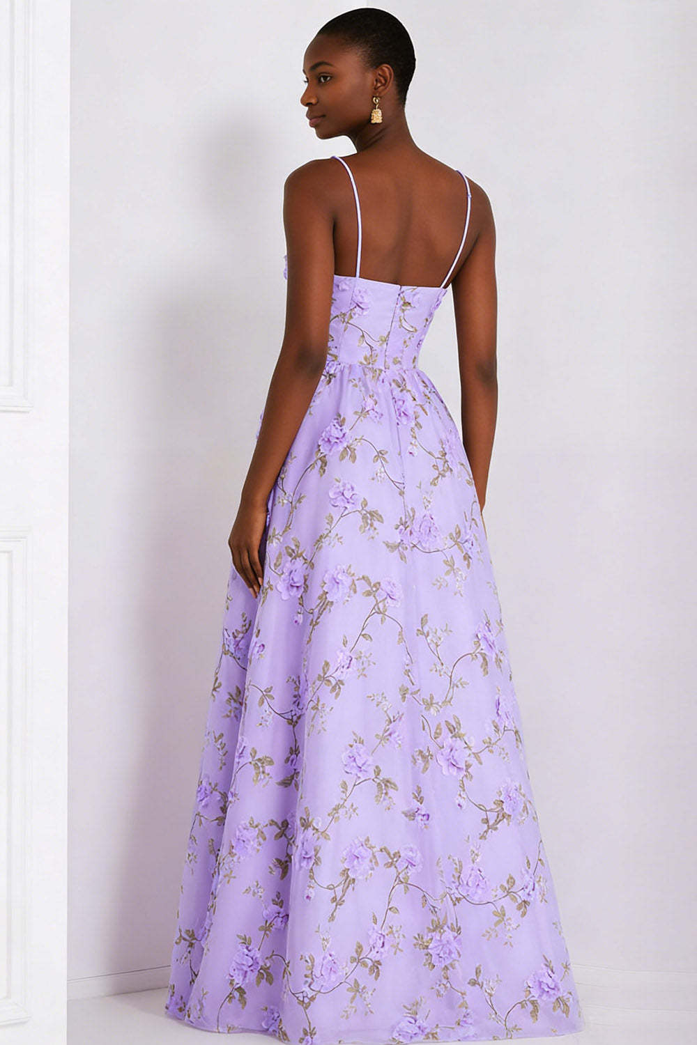 Floral Lilac Spaghetti Straps A Line Maxi Prom Dress