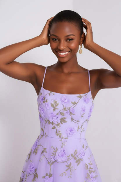 Floral Lilac Spaghetti Straps A Line Maxi Prom Dress
