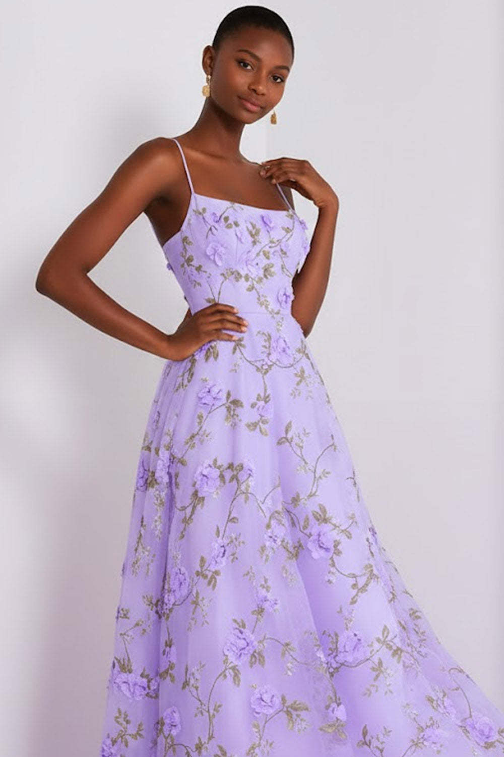 Floral Lilac Spaghetti Straps A Line Maxi Prom Dress